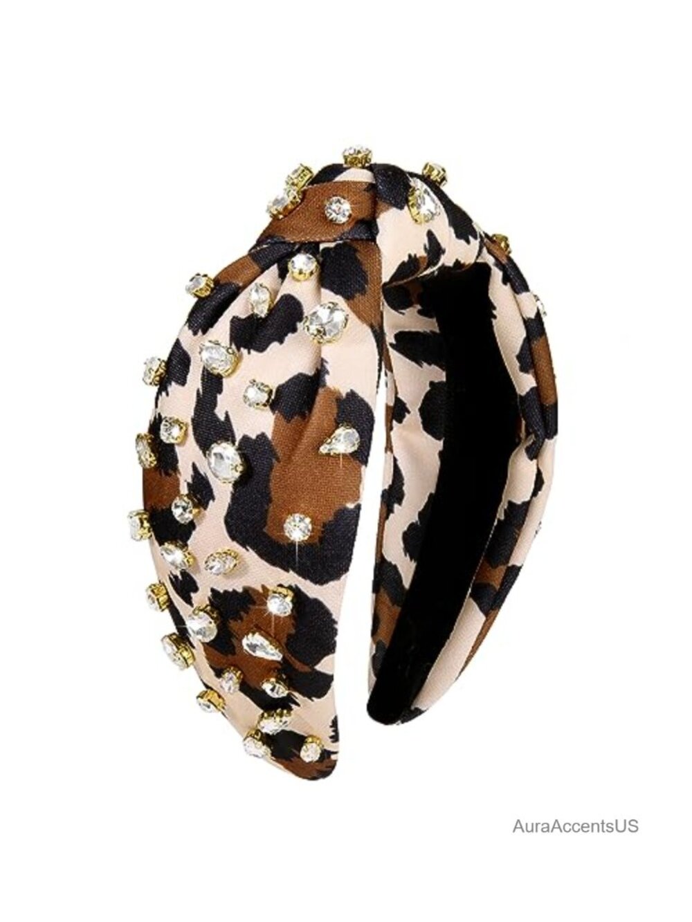 Leopard Knotted Headband Pearl Rhinestone Jeweled Wide Turban Hair Hoop